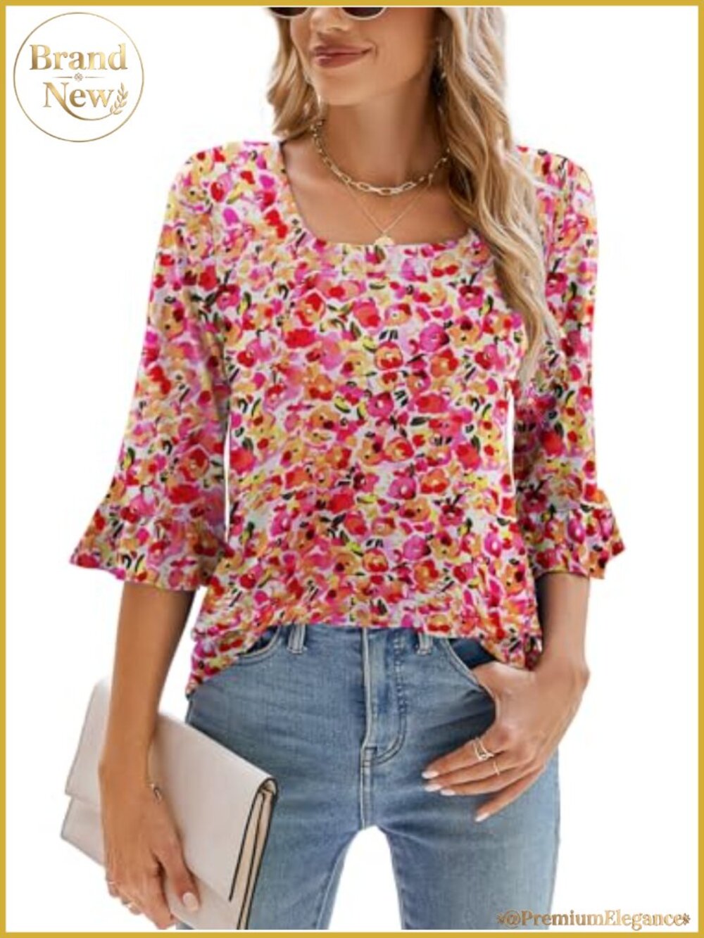 Women's 3/4 Sleeve Ruffle Tunic Top Square Neck Loose Blouse